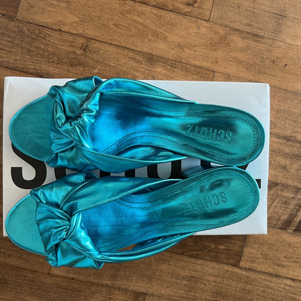 Blue metallic Schutz mules